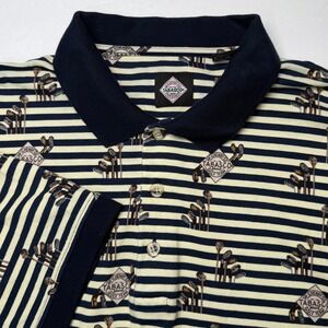 Tabasco Polo Shirt Mens XL Navy Cream Striped Golf Club Print Novelty Vintage